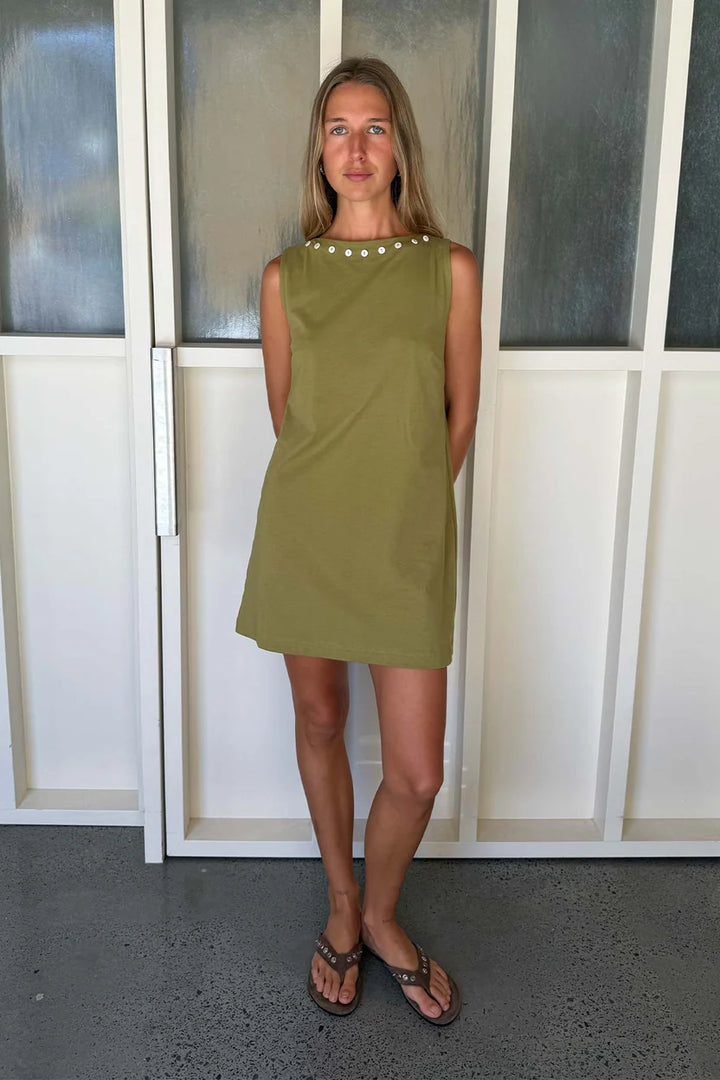 Muriel Button Boatneck Mini Dress - Palm Green
