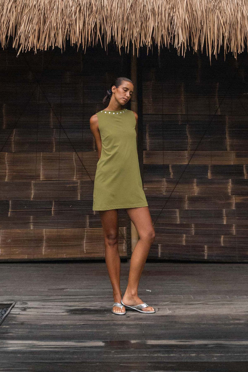 Muriel Button Boatneck Mini Dress - Palm Green