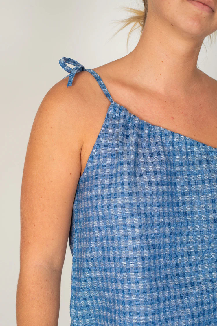 One Shoulder Tie Top - Blue Gingham