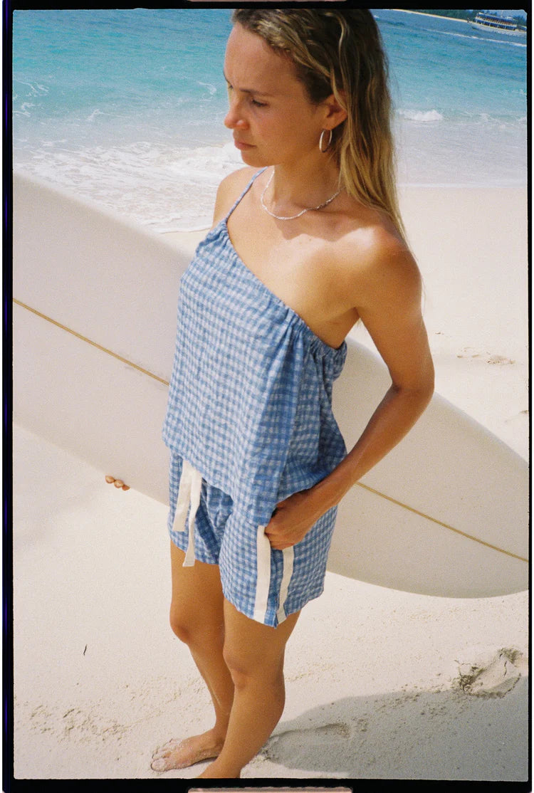 One Shoulder Tie Top - Blue Gingham