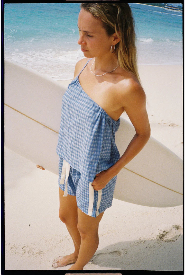One Shoulder Tie Top - Blue Gingham