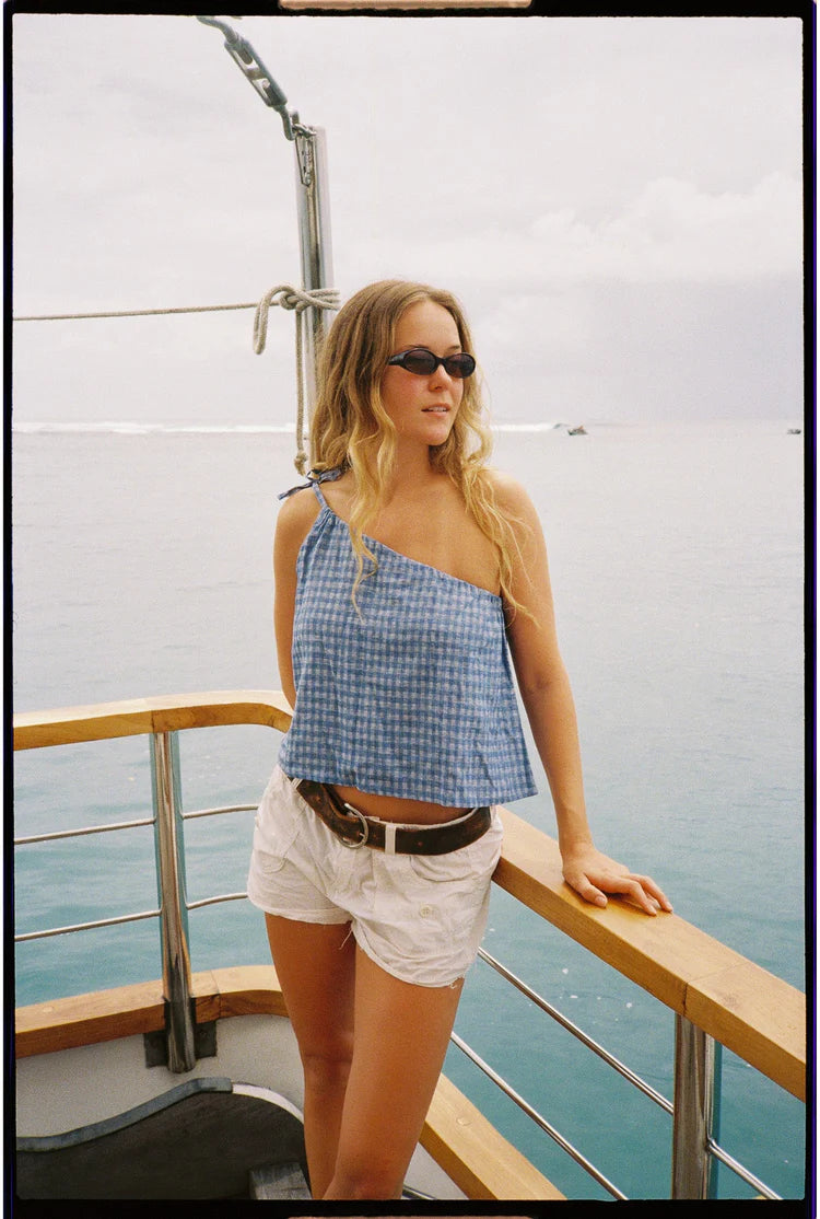 One Shoulder Tie Top - Blue Gingham