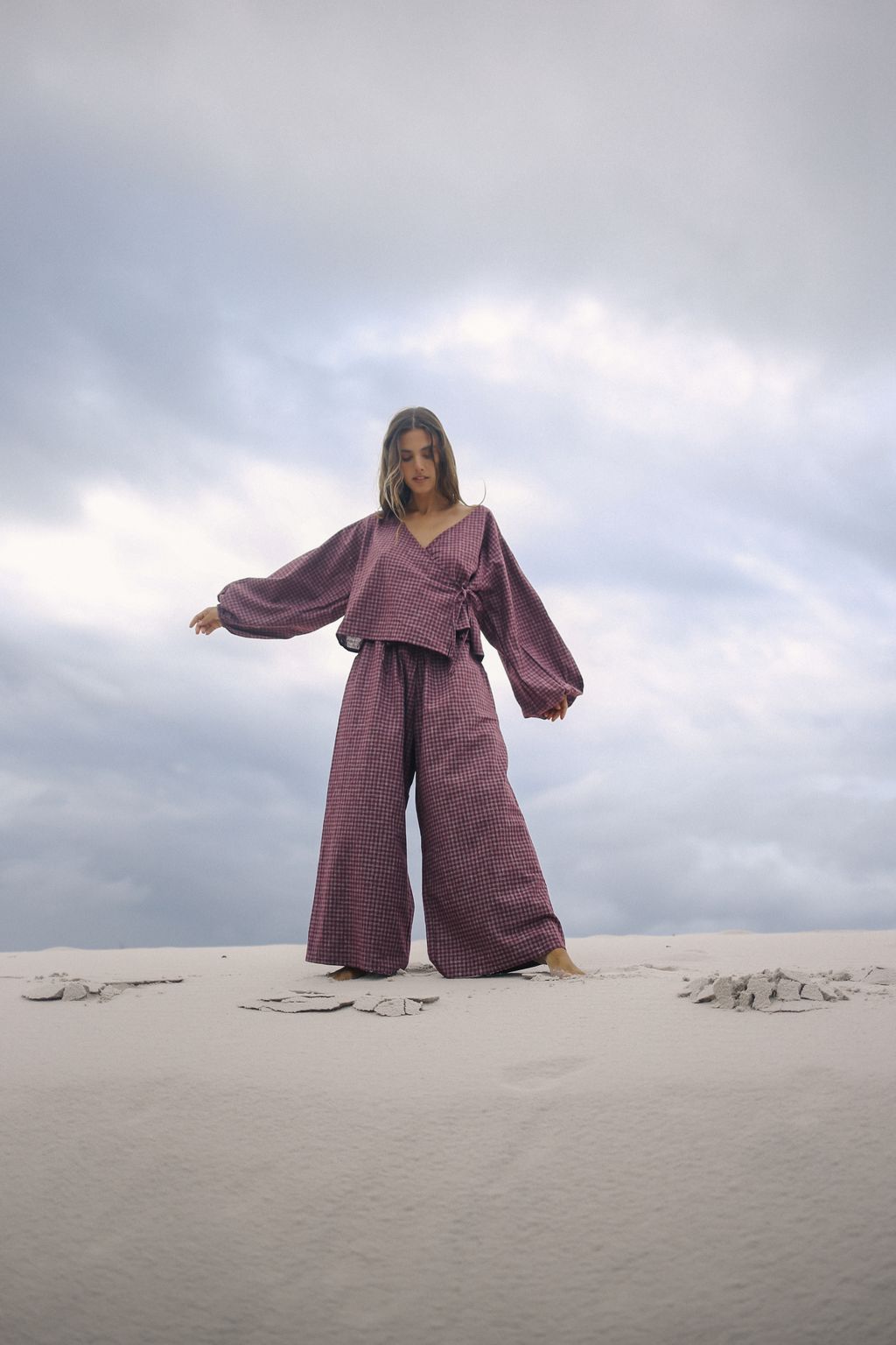 Ella Wrap Top - Fig Hemp Check