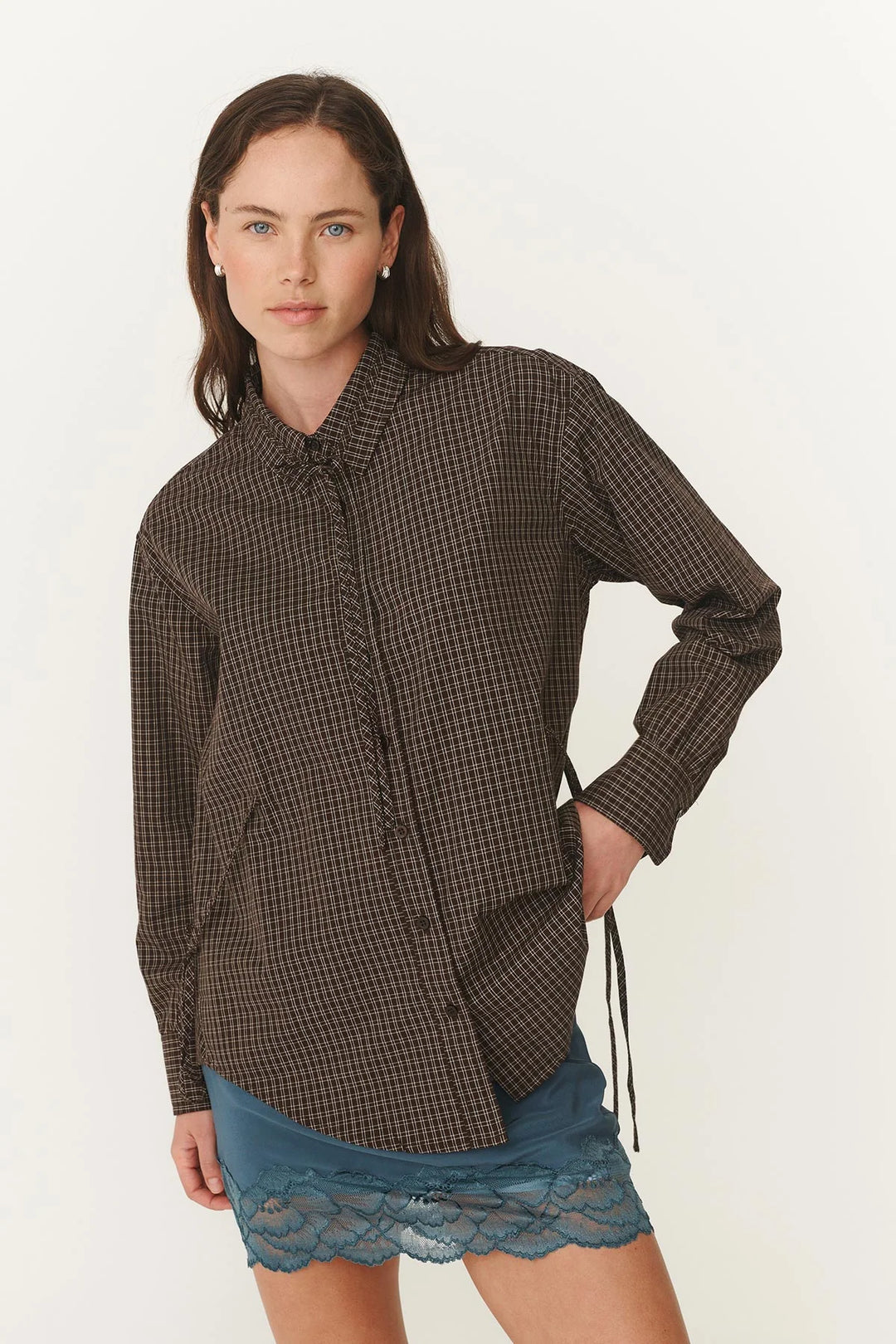 Frankie Tie Long Sleeve Shirt - Cacao Check