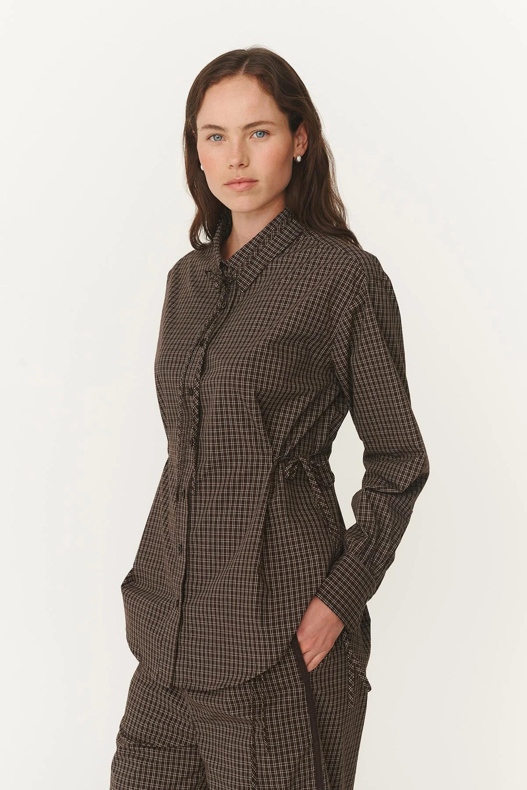 Frankie Tie Long Sleeve Shirt - Cacao Check